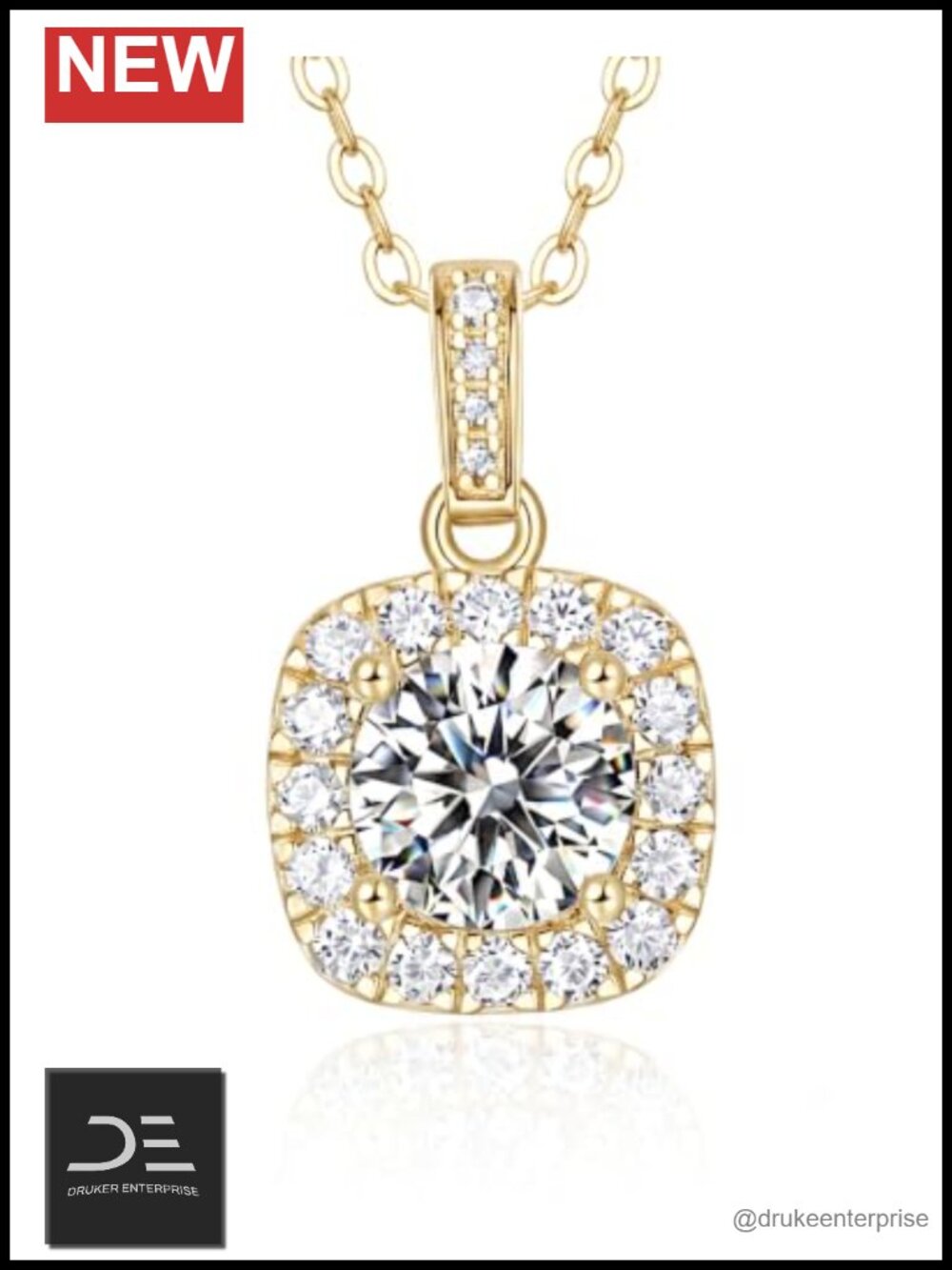 Moissanite Cushion Cut Halo Pendant Necklace 925 Sterling Silver 18K White Gold